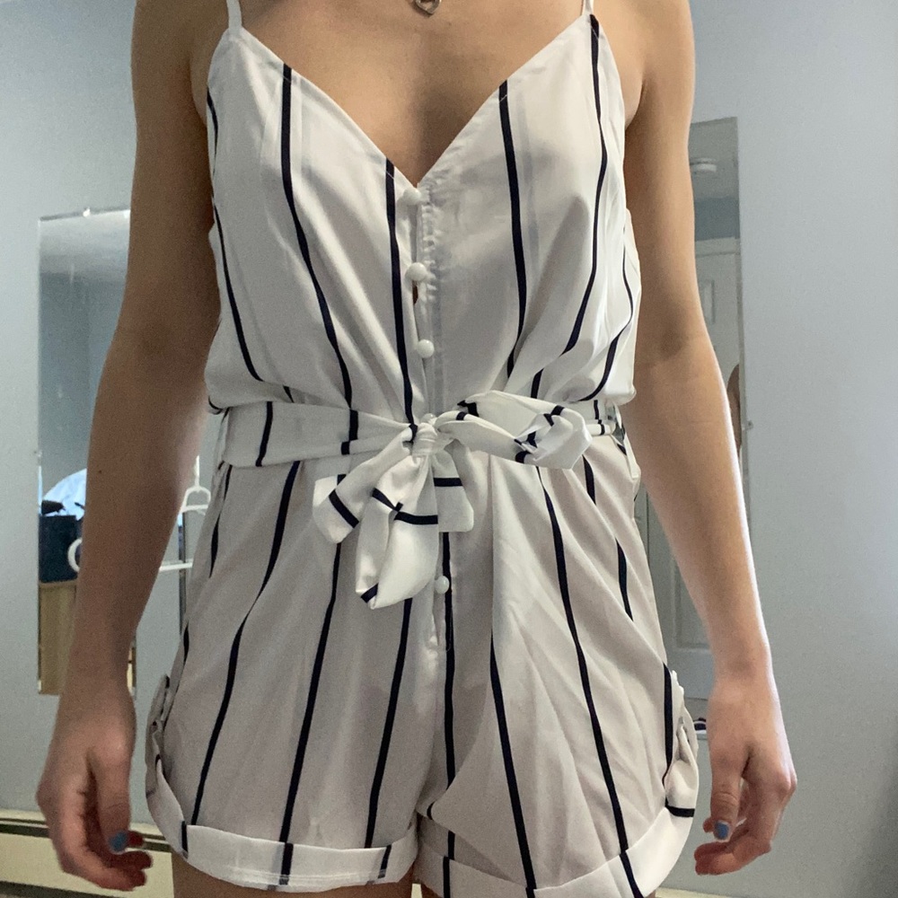 White and navy striped romper
